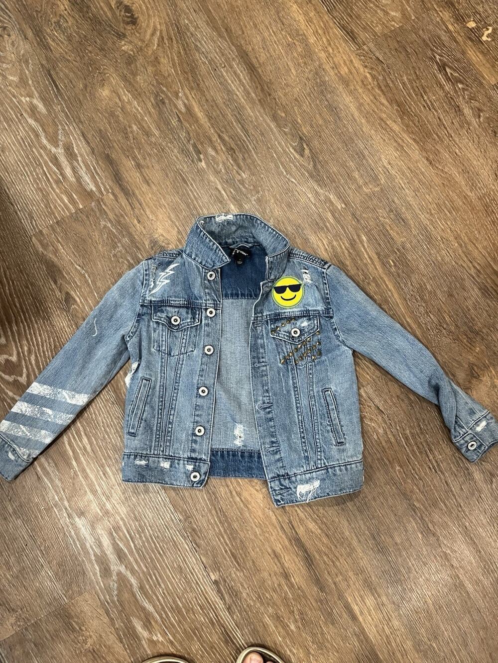 Art Class Girls Denim Jacket Small Distressed Patch Studded Jean Jacket